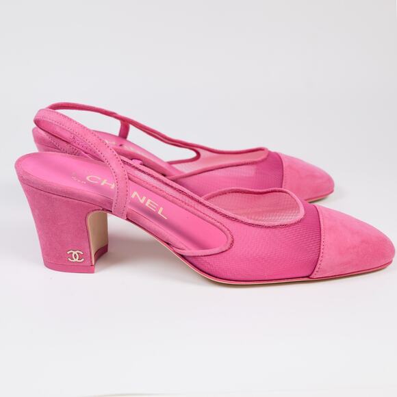 NWOB CHANEL Pink Mesh w/ Suede Cap Toe Slingback Pumps EU 36 - Picture 5 of 8